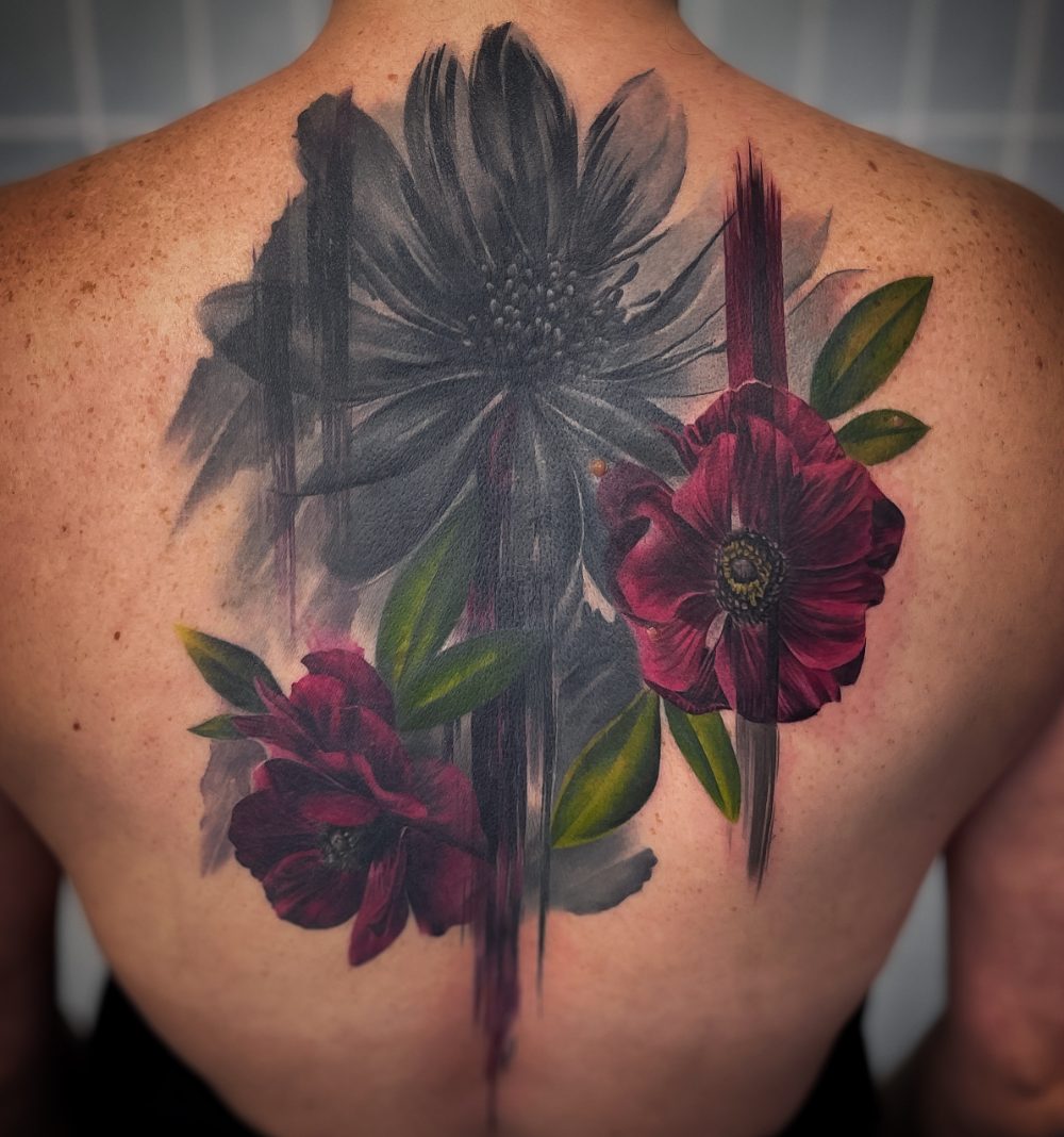 Anemones floral back piece tattoo by Kimmi Gayle, Derby