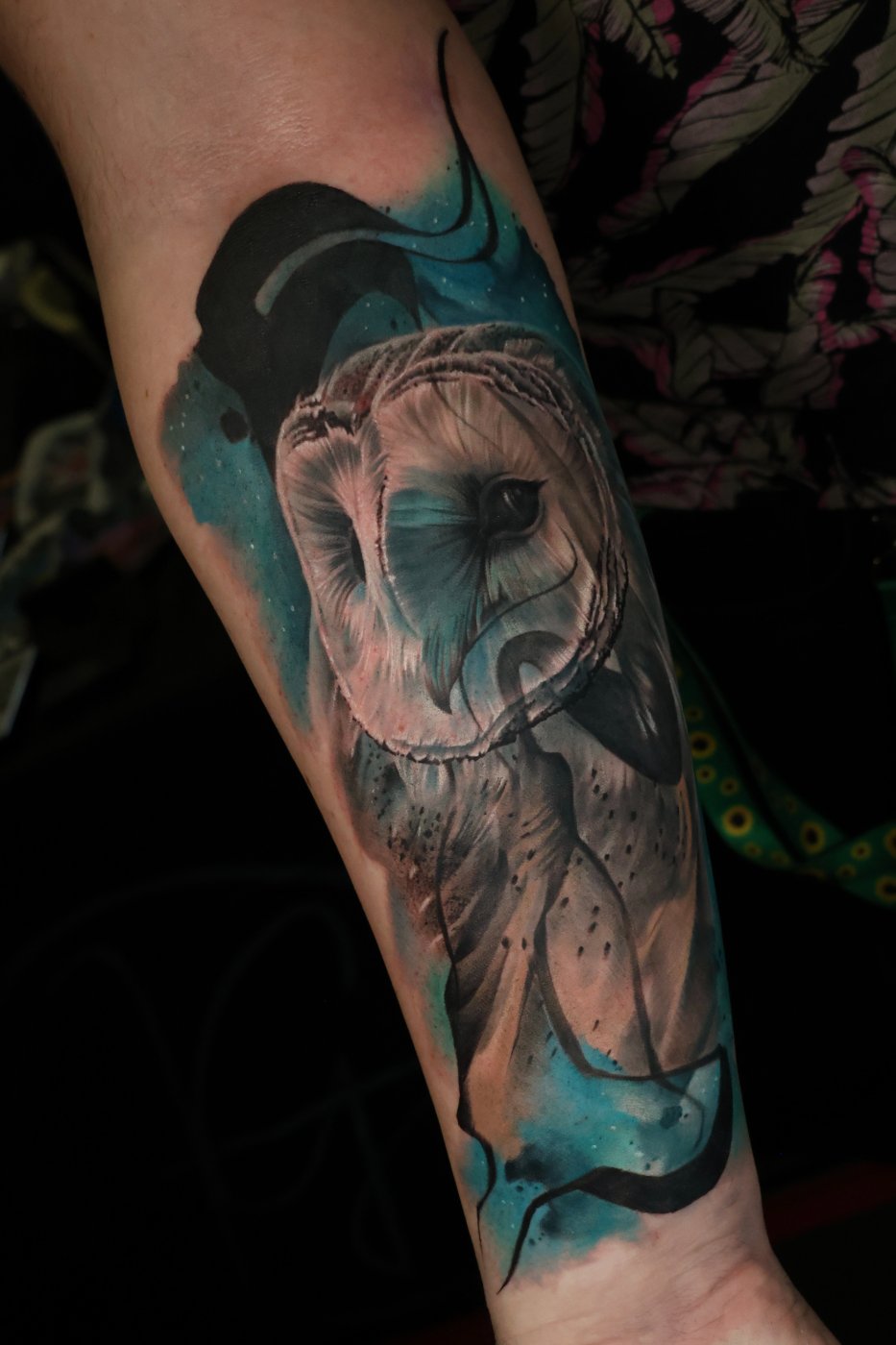 Barn owl colour tattoo on the forearm by Kimmi Gayle, Derby