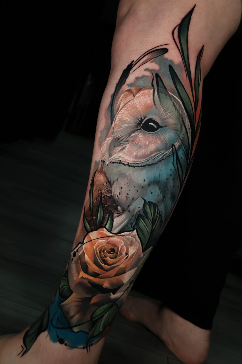 Barn owl and rose colour realism leg tattoo by Kimmi Gayle