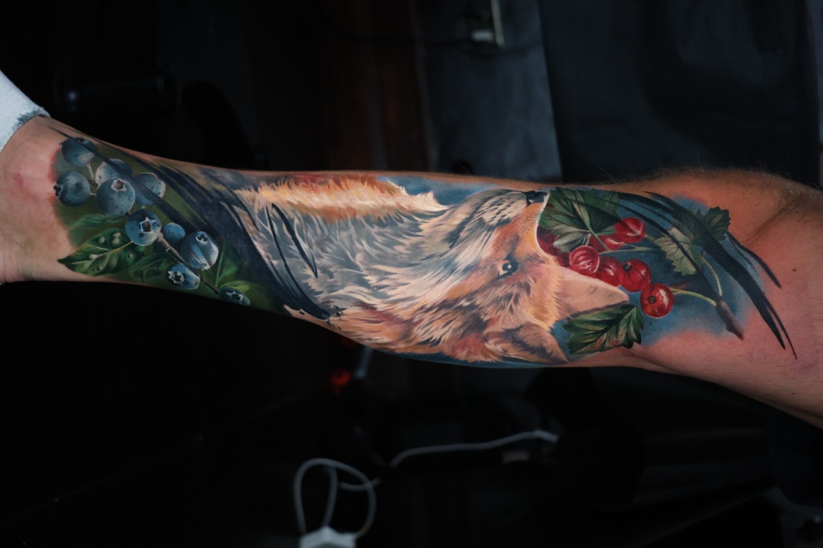 Fox and berries tattoo by Kimmi Gayle