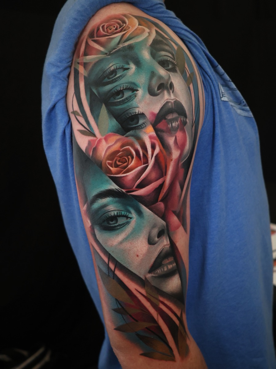 Fractured portrait and roses surrealism tattoo by Kimmi Gayle