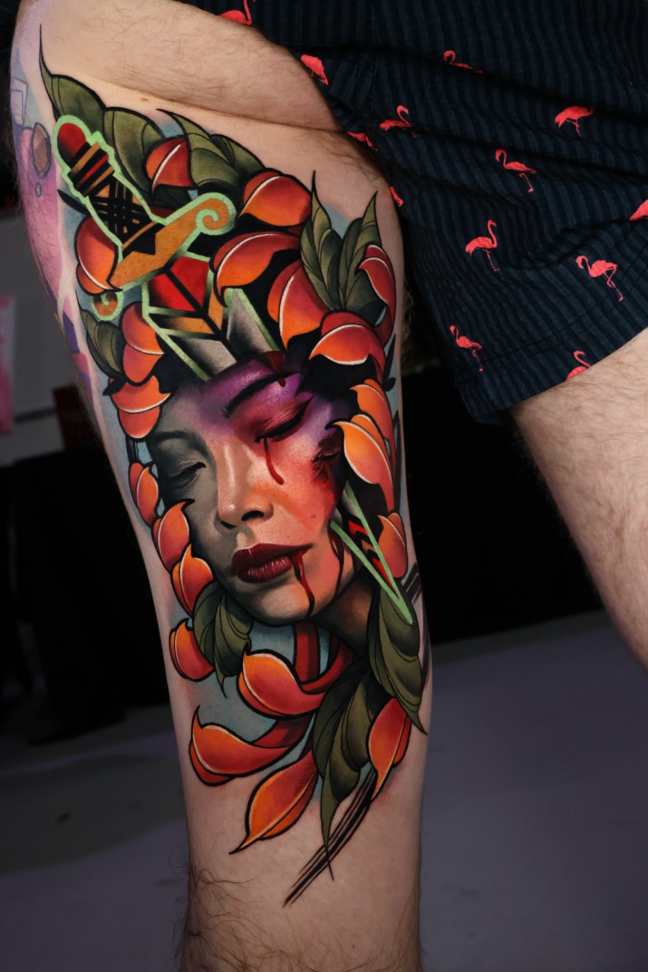 Geisha and dagger neo-traditional thigh tattoo by Kimmi Gayle