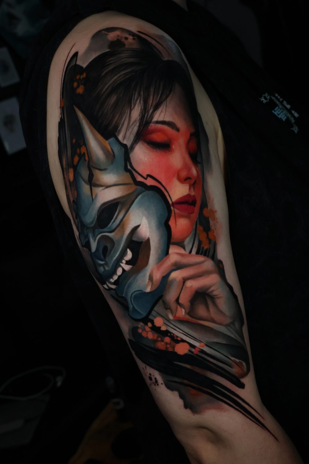 Geisha and oni mask, surrealism