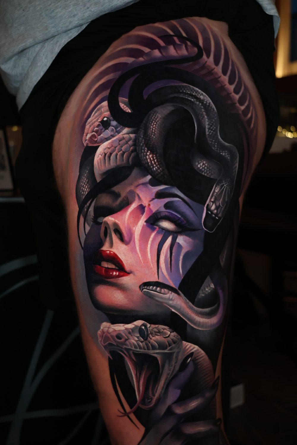Medusa colour realism leg piece by Kimmi Gayle