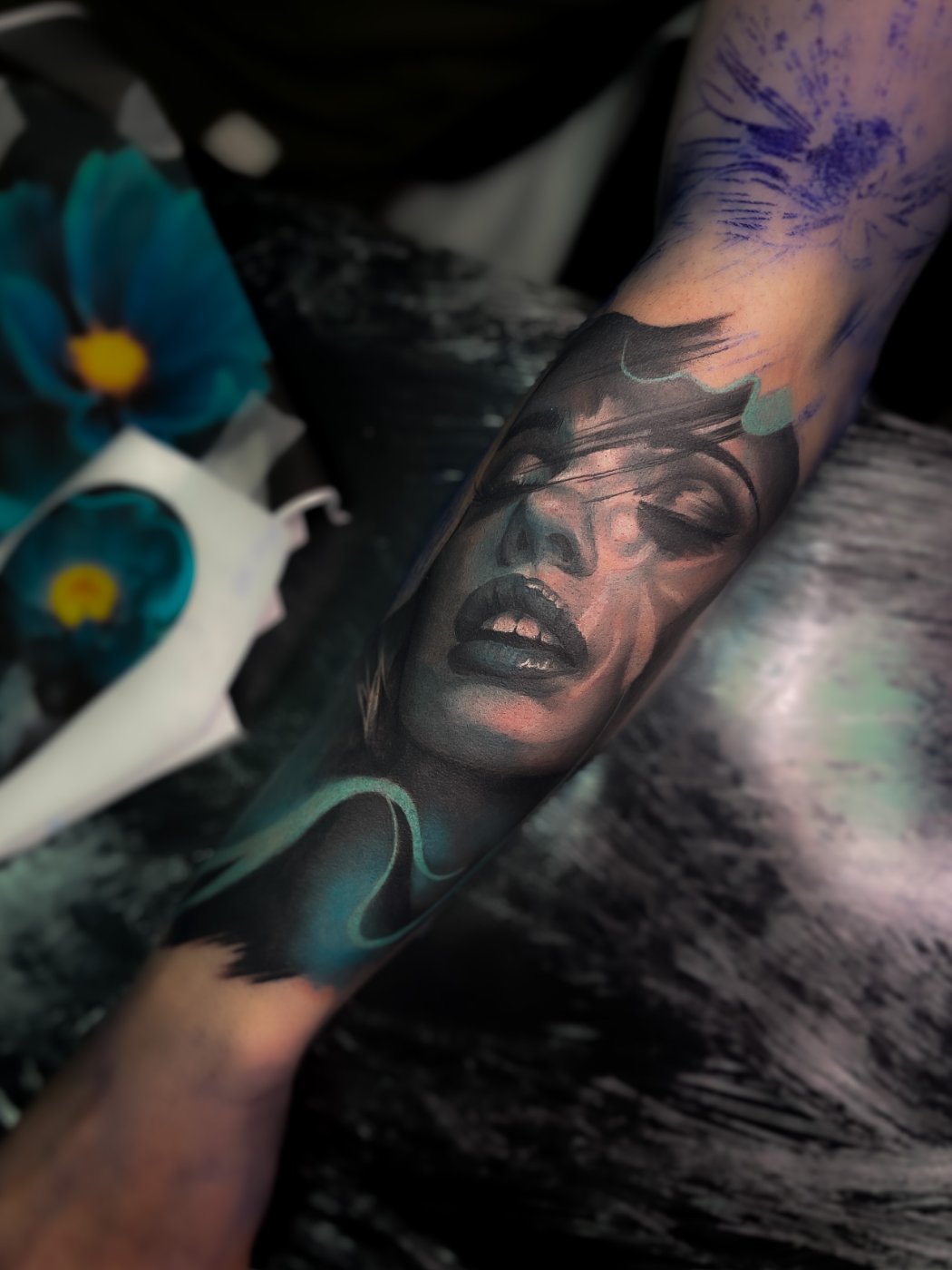 Portrait black and grey forearm tattoo by Kimmi Gayle, Derby