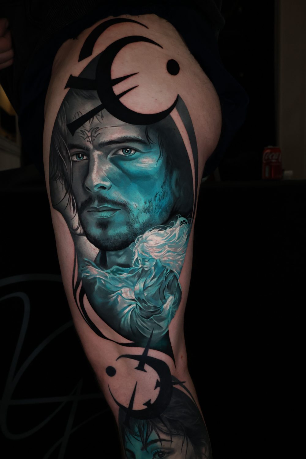 Colour realism portrait leg tattoo by Kimmi Gayle, Derby