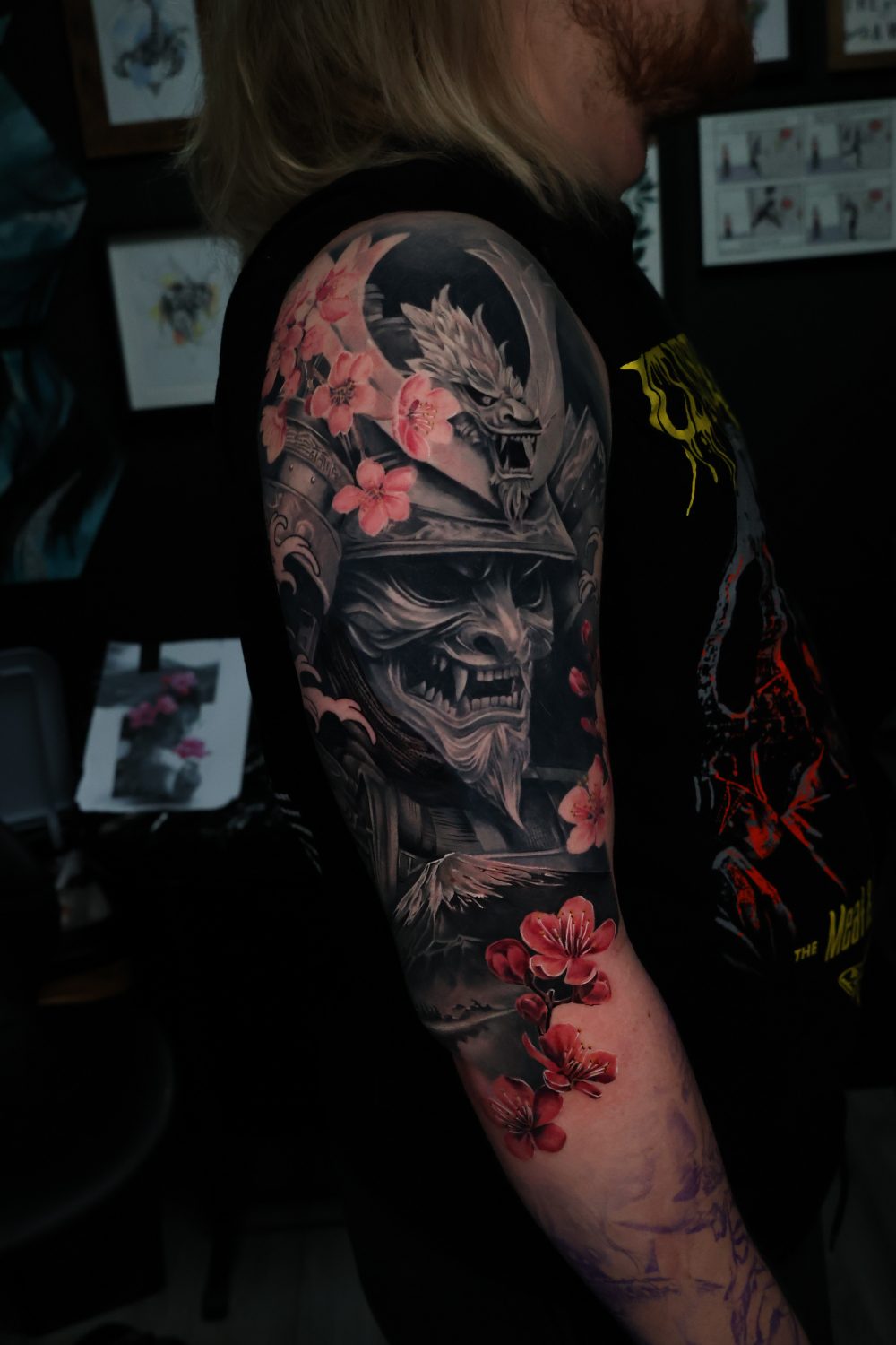 Samurai and hannya black and grey sleeve tattoo by Kimmi Gayle