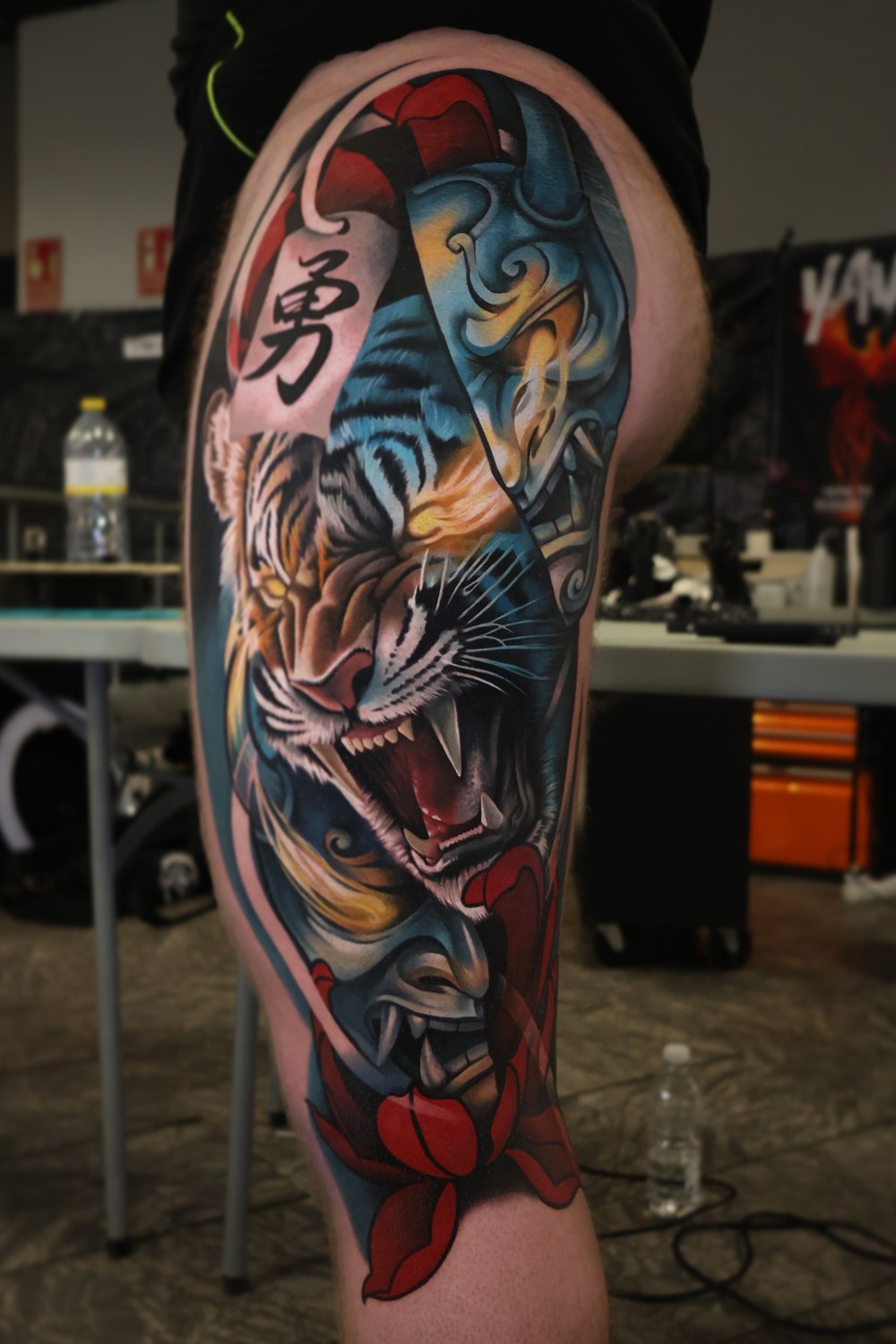 Tiger and oni mask surrealism sleeve by Kimmi Gayle
